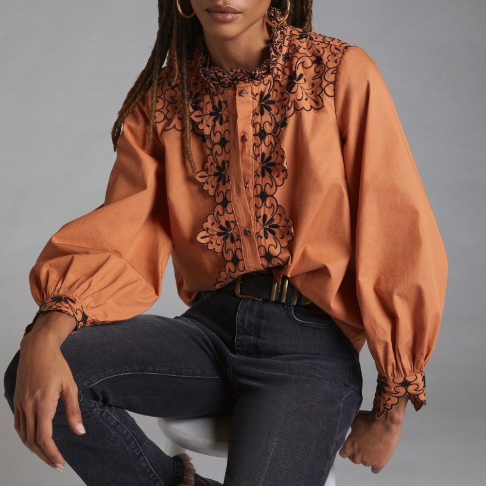 Anthropologie Scalloped Embroidered Buttondown Shirt, Size 8